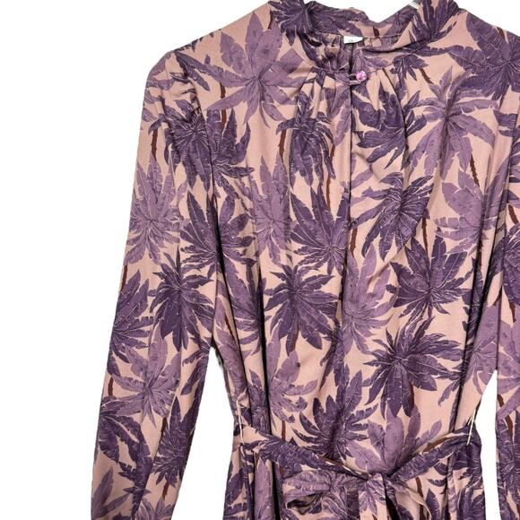 Vintage 70s Tropical Printed Midi Dress 18.5" Medium Purple Long Sleeve Prairie - Picture 2 of 5